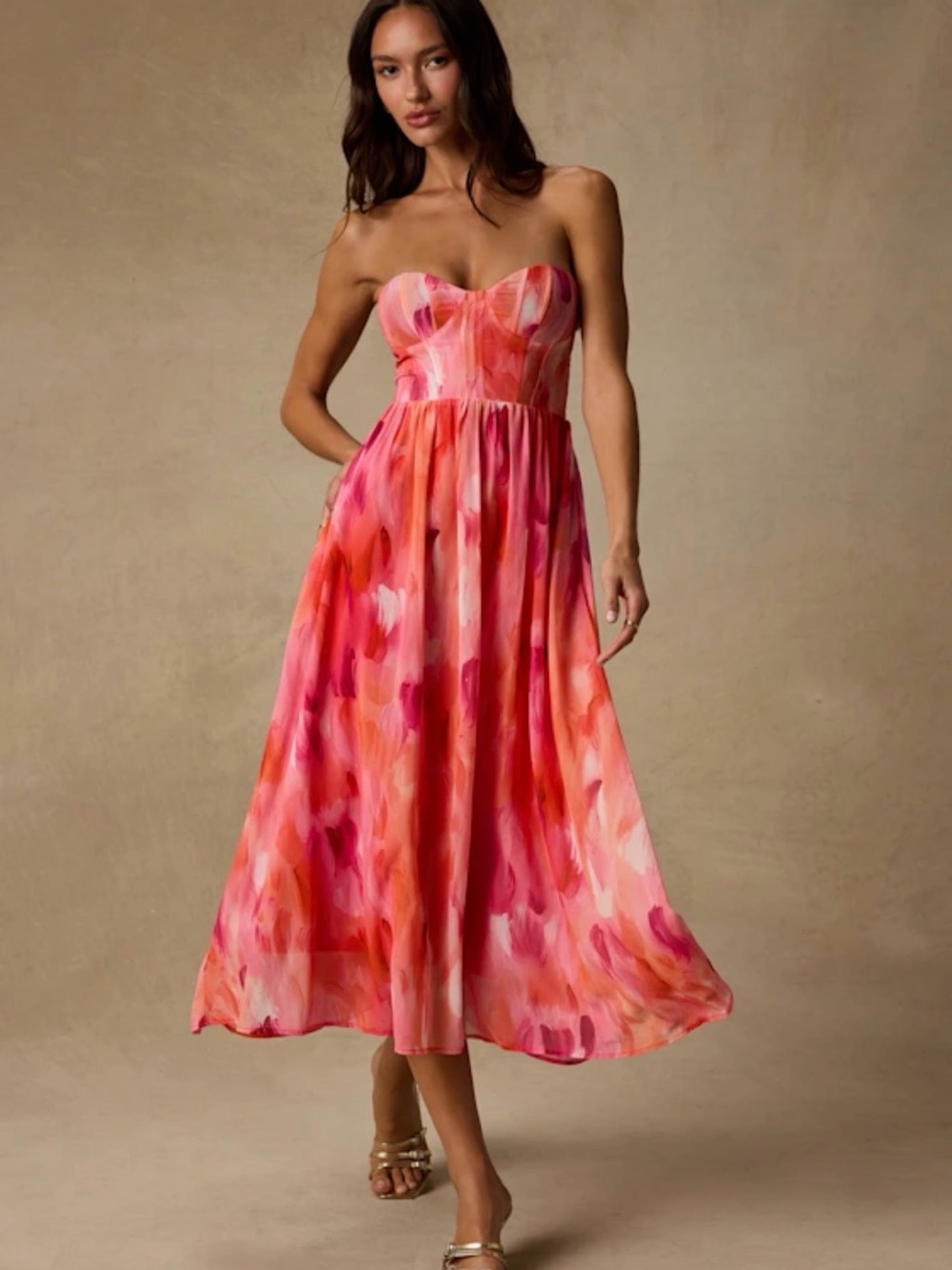 Lulu's Strapless Watercolor Midi Dress in Coral & Pink